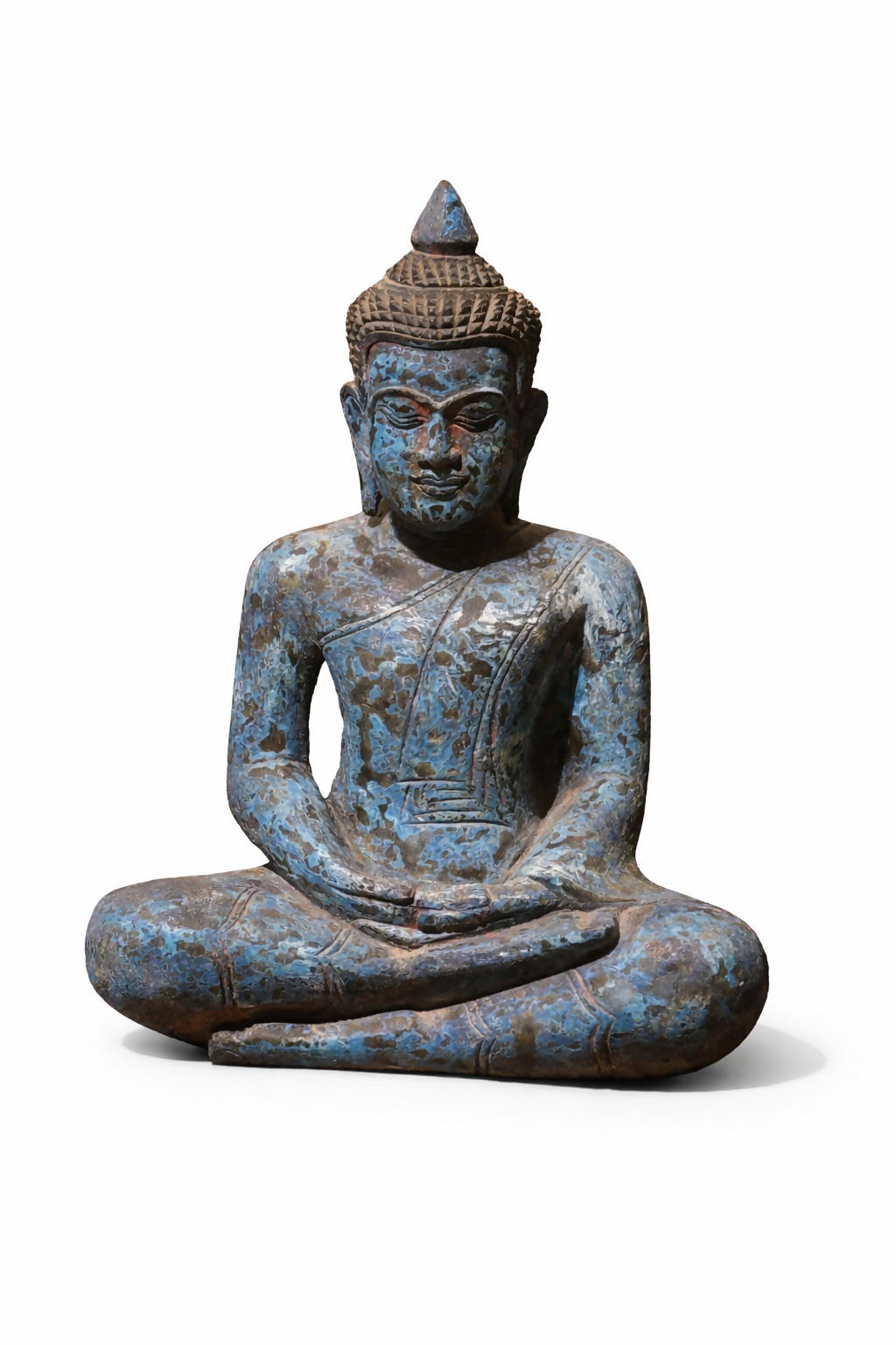 Hand-Carved Wooden Buddha Statue – Antique Blue Rustic Finish