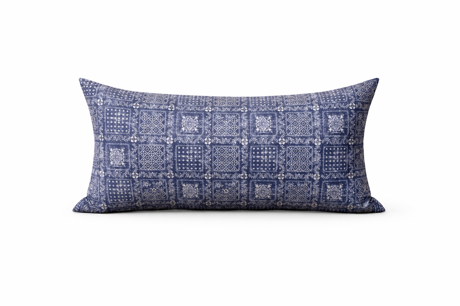 Blue Vintage Tile Lumbar Cushion Cover – Classic Decorative Rectangular Pillow